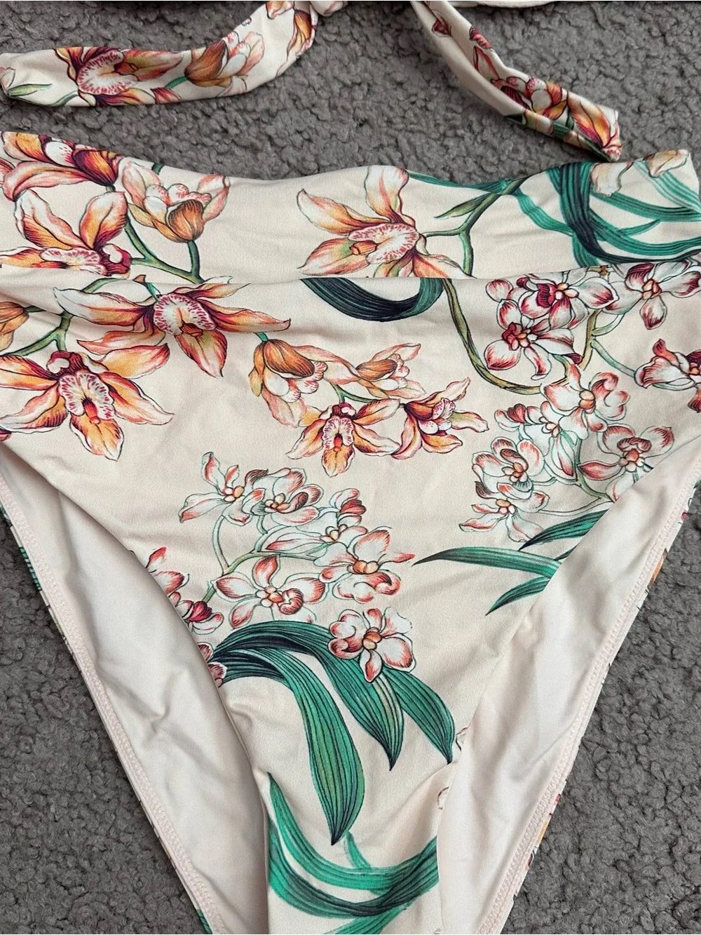Monday Swimwear Floral Bikini Top High Waist Bottoms Cream Green Womens S